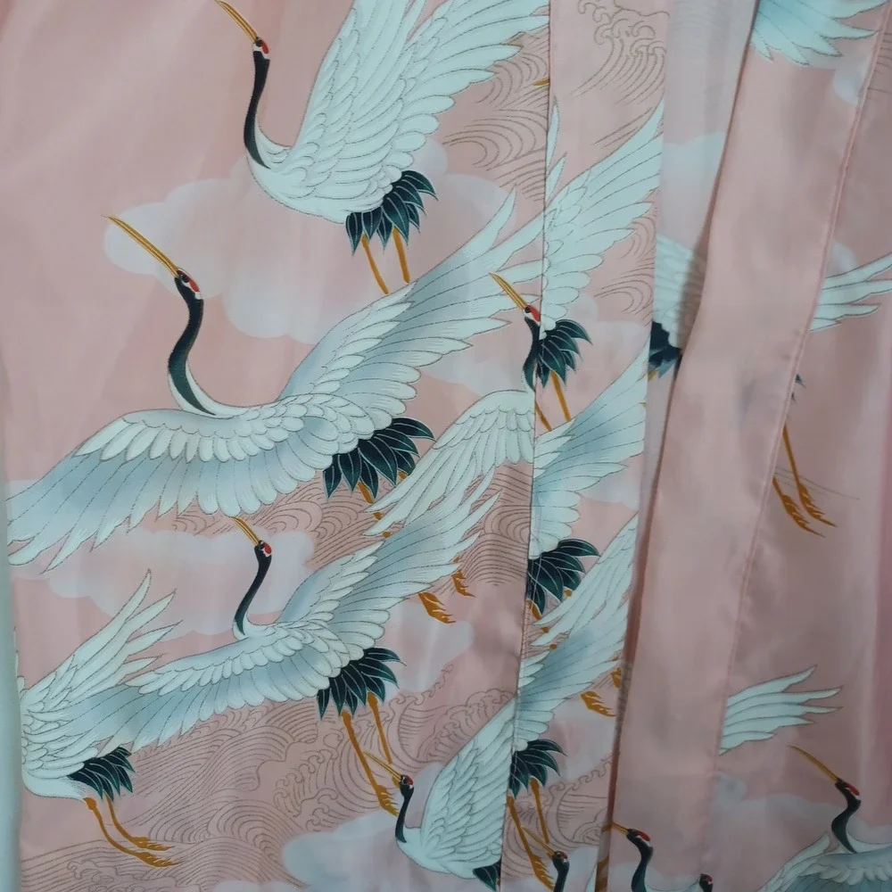 Monki Pink Crane Print Satin Kimono Robe Wide Sleeve Bird Pattern One Size